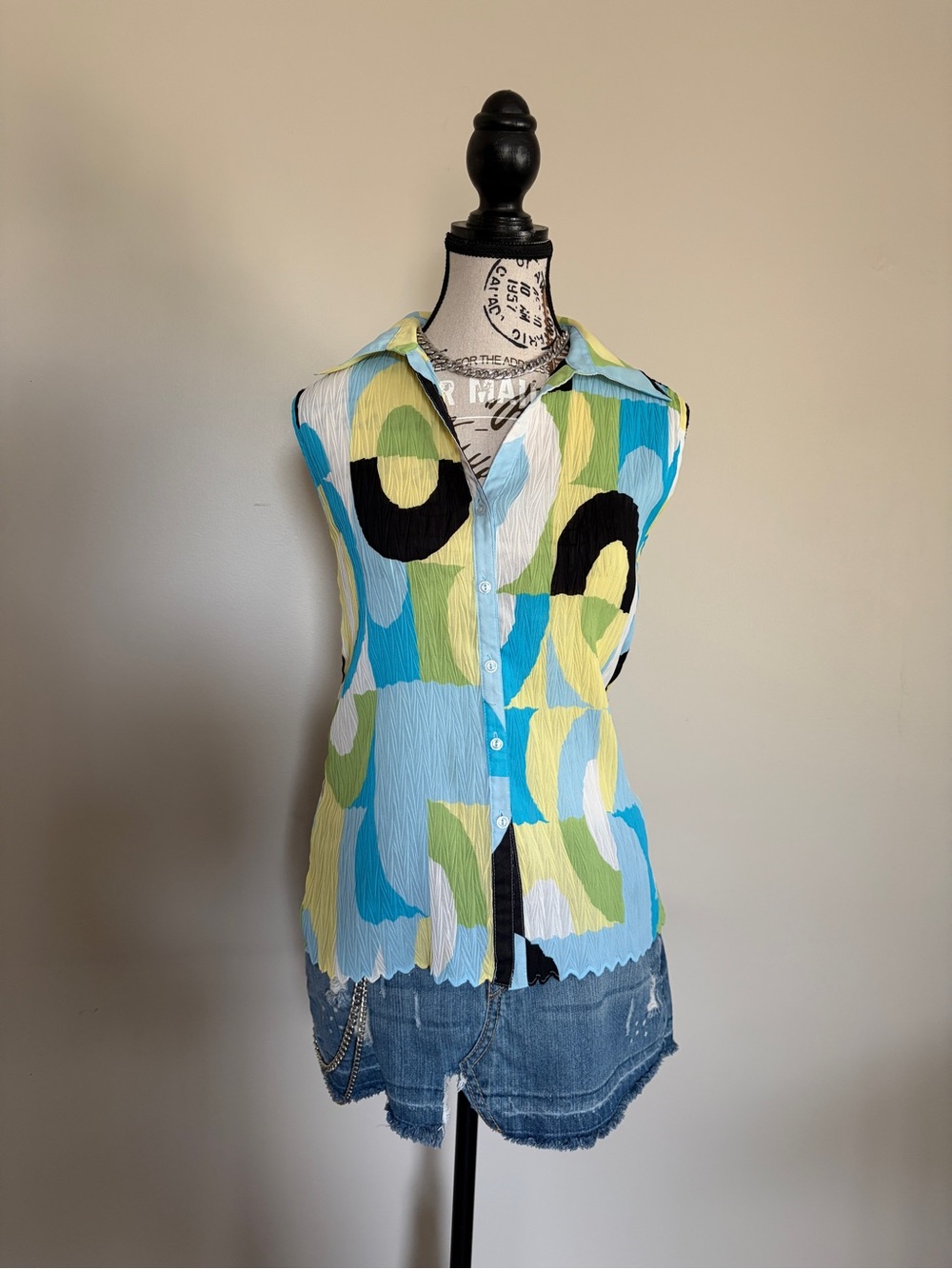 Y2K Vintage Blue Yellow Retro Sleeveless Printed Eclectic Pleated Blouse